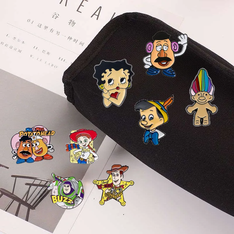 

Disney Cartoon Creative Dripping Rainbow Head Brooch Mr. Potato Big Eyes Sister Pin Anime Woody Enamel Badge Children's Toy Gift