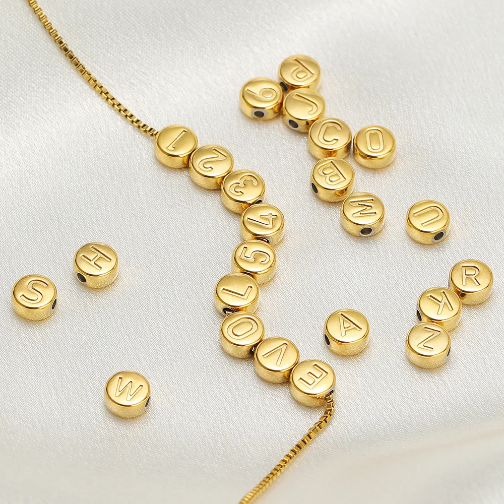 10pcs Stainless Steel 7mm Round Beads Gold Letters Figures Loose Spacer Beads for DIY Necklace Charms Jewelry Bracelet Making