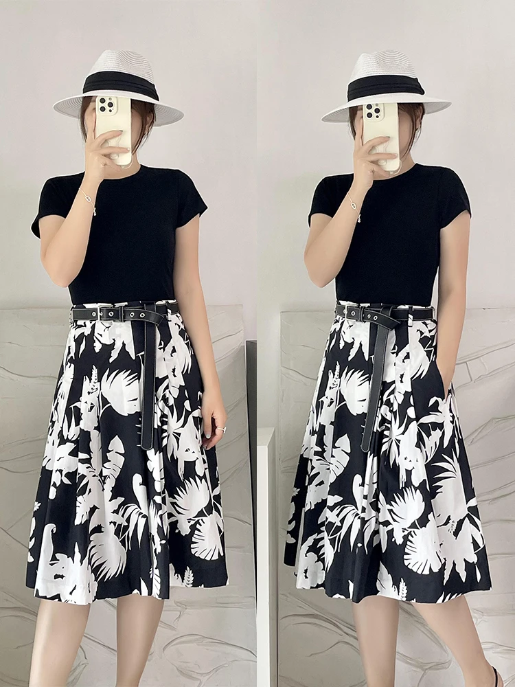 

High Waist A-Line Midi Skirt with Belt Floral Print Silk Cotton Maxi Skirt for Women Commute Pleated Busin Casual Skirt