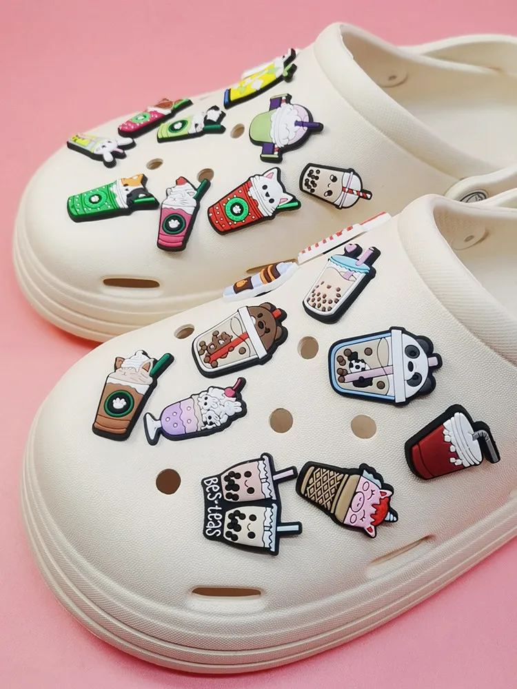 Kawaii Milk Tea Drink Shoe Charms accessori fibbia in PVC decorazioni donna Clog Decor Fit bracciale Adult Kids regali per feste di natale