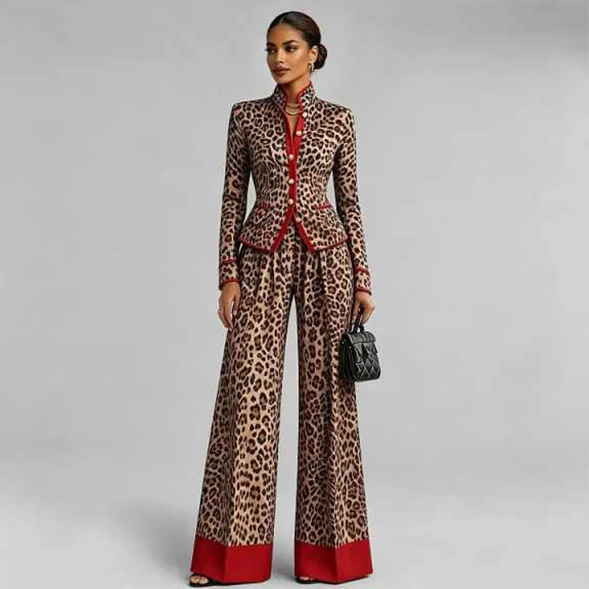 Elegant Leopard Print Women Suits Wide Leg Pants Plus Size Blazer Fashion Full Sleeve Suit Customized Prom Party Outfits