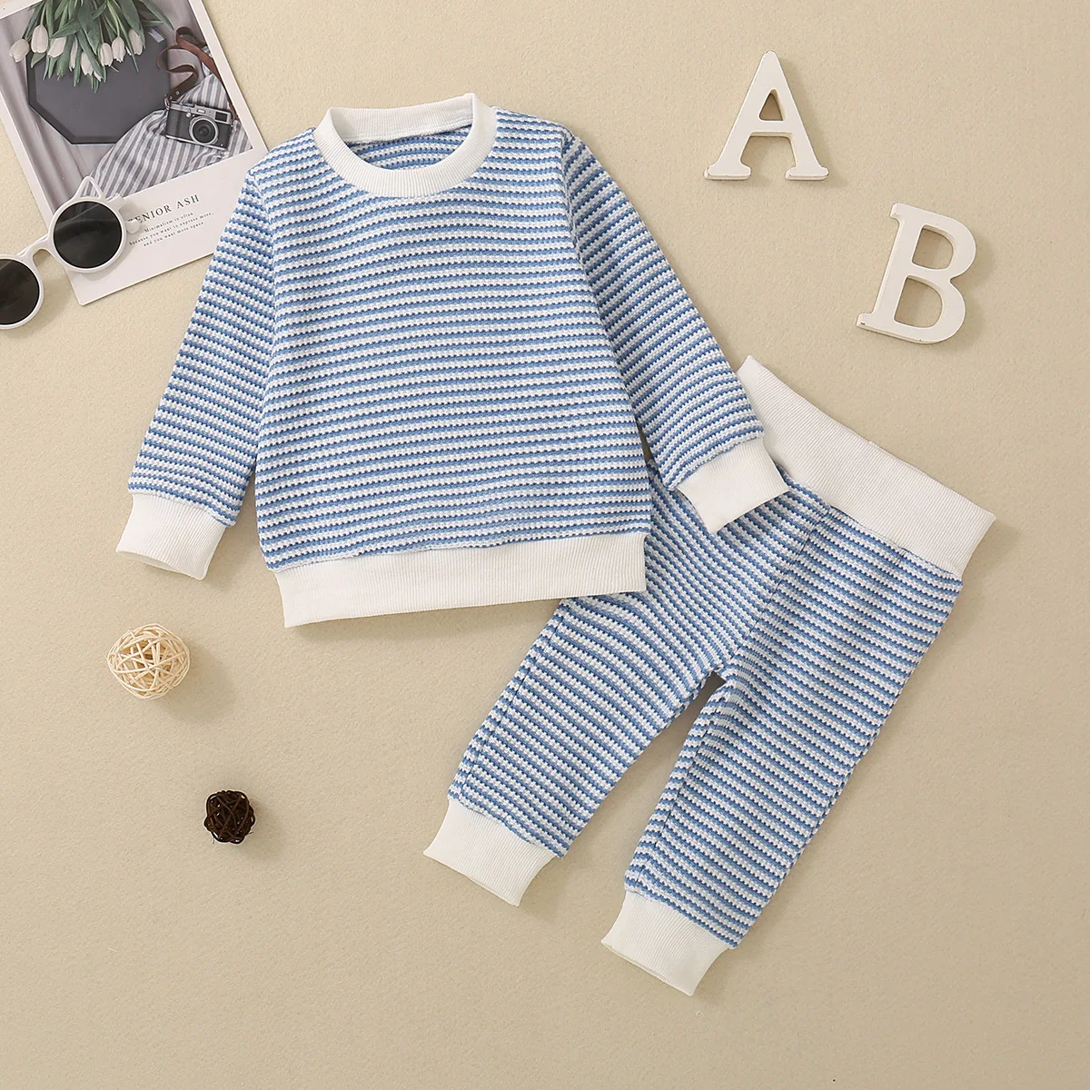 Autumn and winter season neutral baby casual multi-color striped long-sleeved T-shirt top and trousers two-piece set