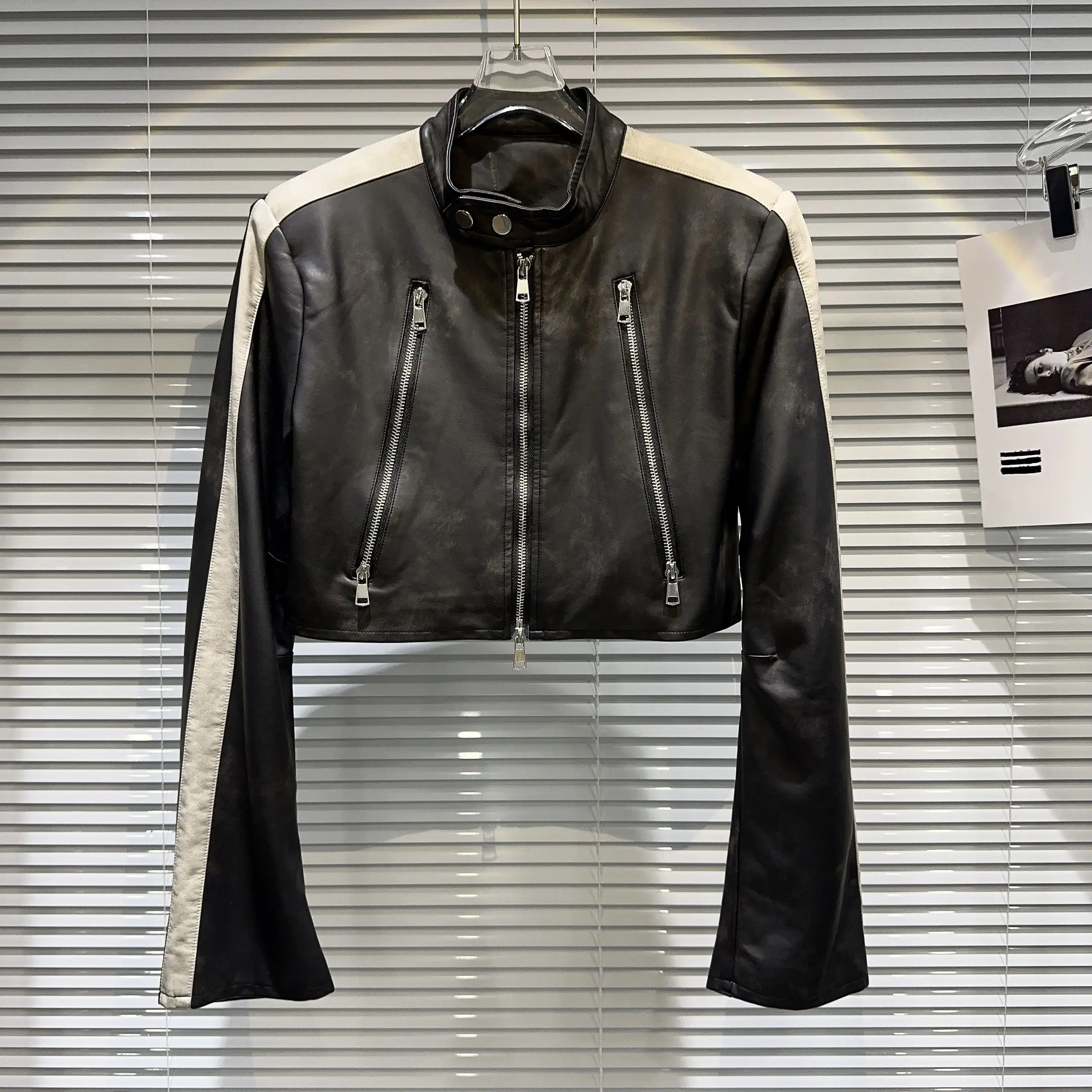 الشارع Sle الجلود Jaet تصميم مزدوج سستة الأصلي الإبداعية الساخنة فتاة ort معطف طويل Sve الوقوف طوق سستة إغلاق