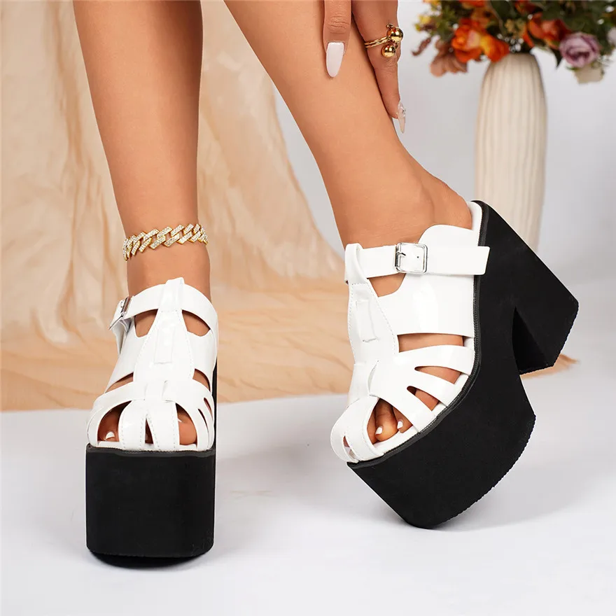 Women Fashion Thick Sole Buckle Flip Flops Patent Leather Hollow Baotou Casual Shoes High Heels Female Platform Outdoor Slippers view 4