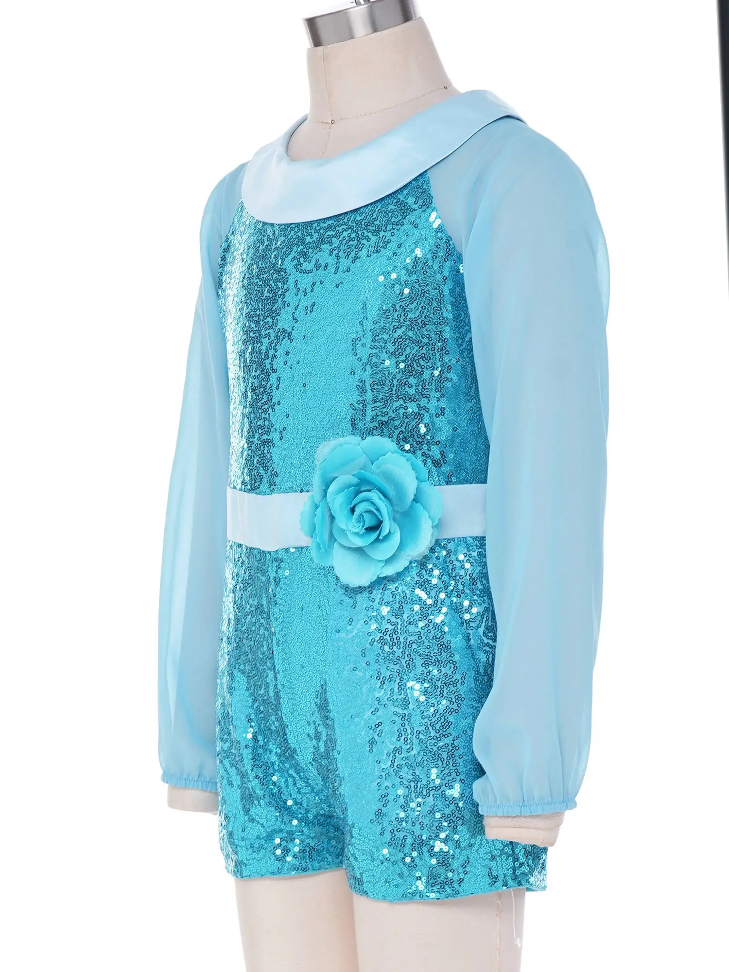 Kids Chiffon Jumpsuit Girls Lyrical Modern Dance Wear Sequin Romper for Pageant Birthday Party Rompers with 3D Flower Brooch