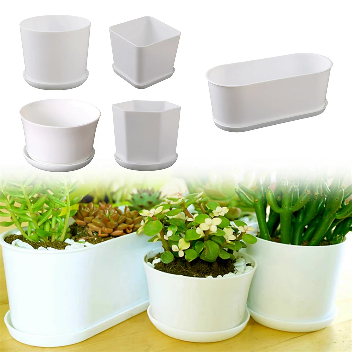 1/5Pcs White Modern Flower Pots With Trays Garden Balcony Desk Thicken Boxes Home Office Minimalist Bonsai Polygonal Containers