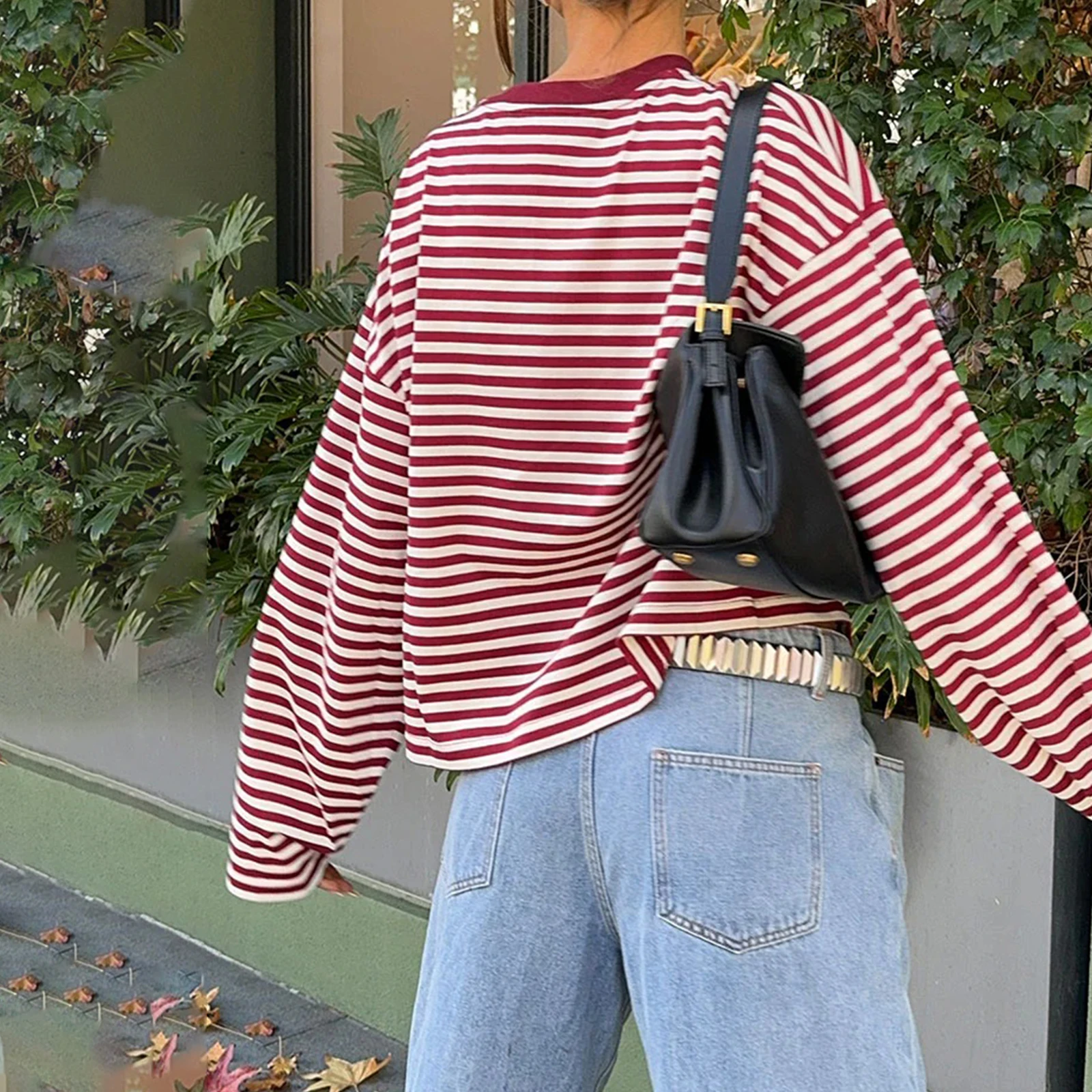

New Fashion Women T-shirt Long Sleeve Crew Neck Loose Ladies Fall Casual Striped Top Streetwear Hot Sale XS-XL