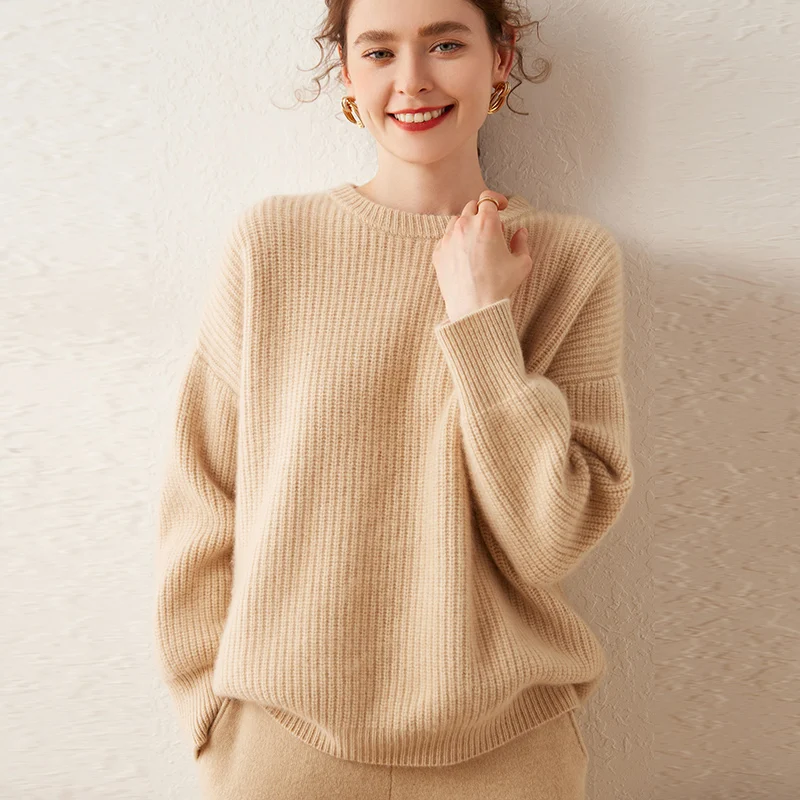 High-quality Autumn Winter Women\'s 100% Cashmere Sweater O-Neck Fashion Thicken Tops Female Loose Large Size Knitted Pullover