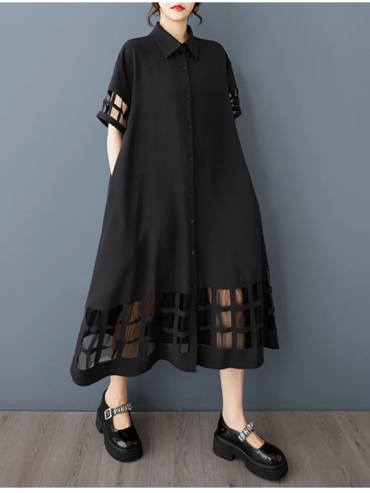 Oversized zomer lange shirtjurk dames mesh uitgehold modis damesjurken met korte mouwen losse damesjurk