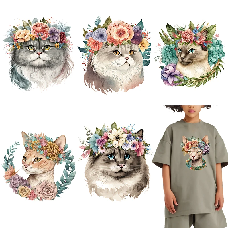 

4pcs Flower wreath big headed cat Iron on transfer for Children clothing dtf transfers ready to press Heat Transfer Printing