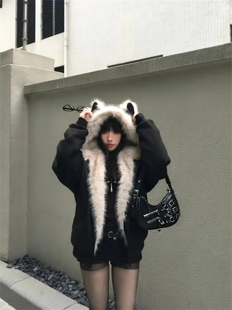 Black Suede Down Collar Hooded Cotton Jacket Women's Winter Quilted Warm Cat's Ears Cat-Ear Shaped Seat Mountain Cardigan Top