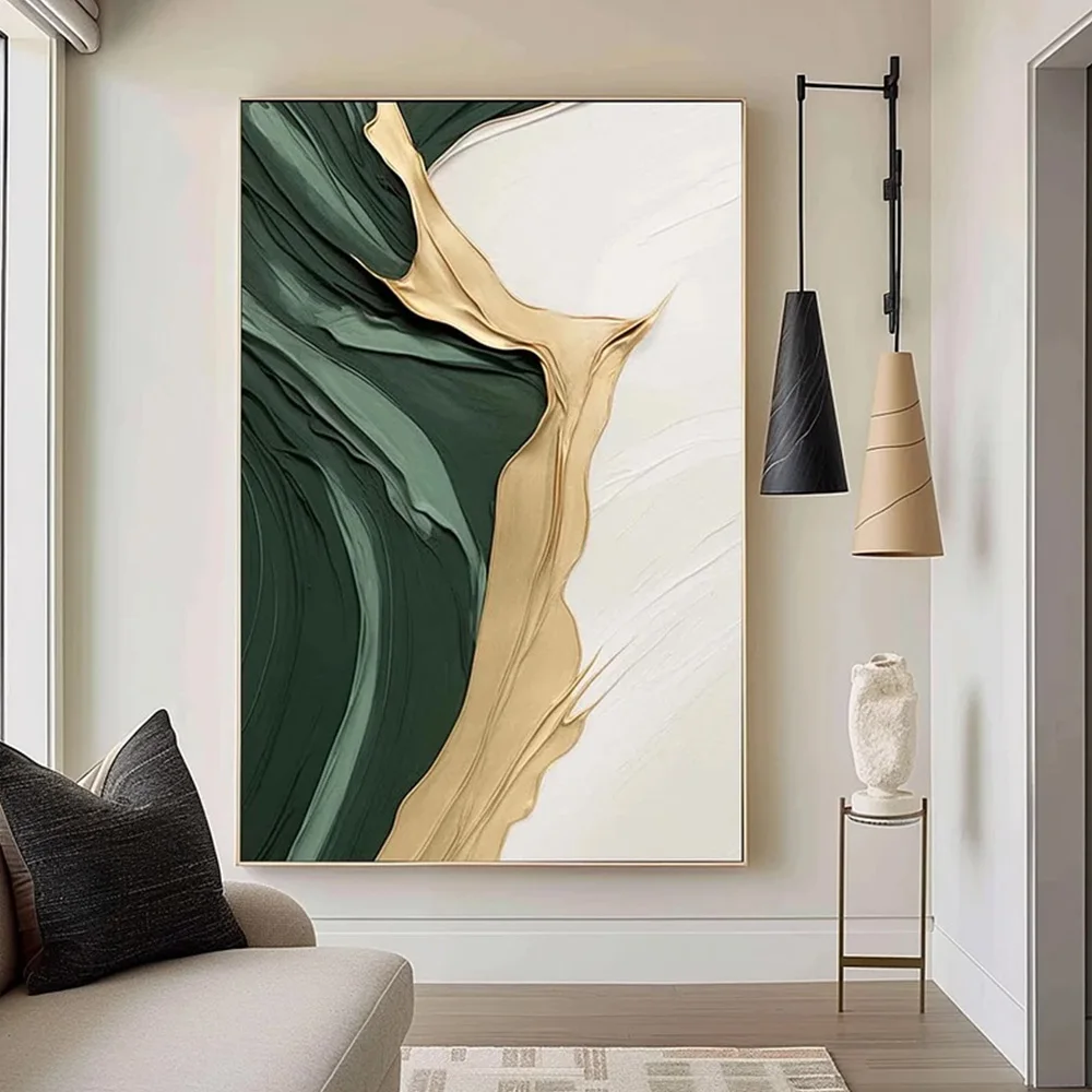 Gold Green Minimalist Abstract Art Canvas Painting 3D Large Texture Wall Art Poster Print Living Room Bedroom Porch Home Deco