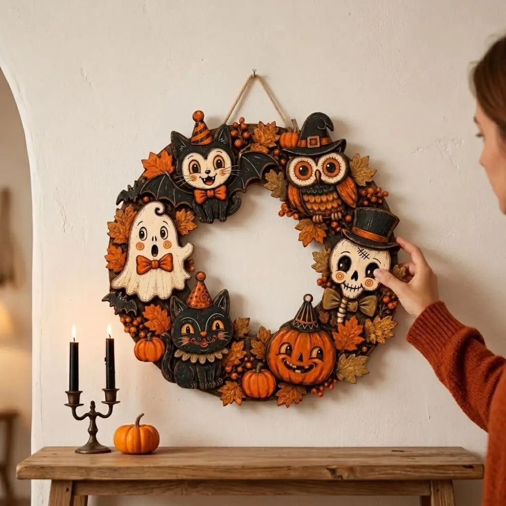 Rustic Halloween Ghost Cat Owl Sign Maple Leaf 2D Flat Wooden Welcome Hanging Sign Vintage Finish Round Ghost Door Wall Hanger