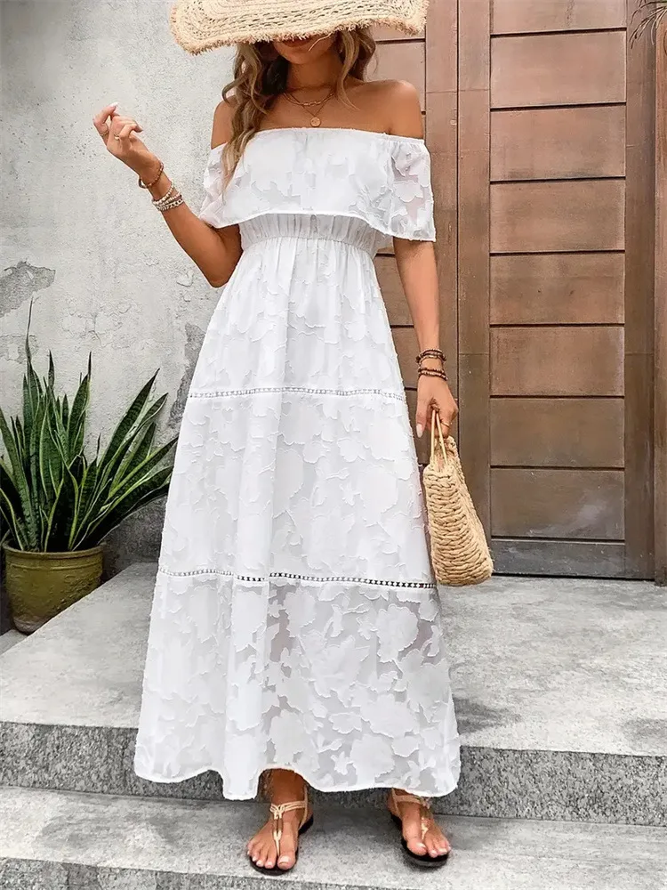 -Border European and American Woven Burnt Flower Lace See-through off-Shoulder Dress Spring and Summer Women's Design Long