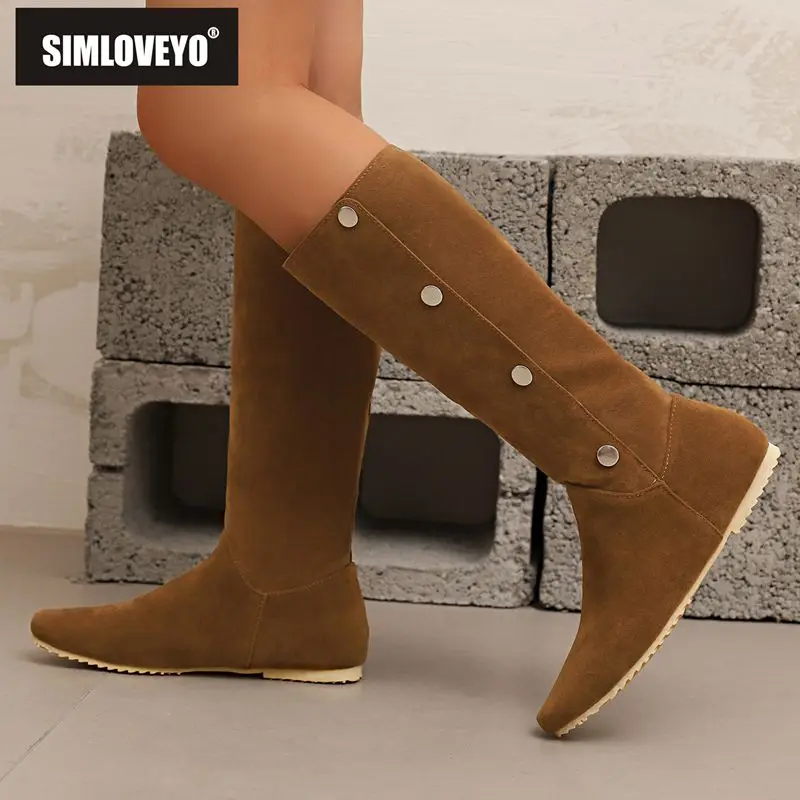 

SIMLOVEYO брендовые флоковые пуговицы двойного назначения, большие размеры 46, 47, 48, удобные замшевые женские сапоги до колена, повседневная обувь на плоской подошве с круглым носком, распродажа