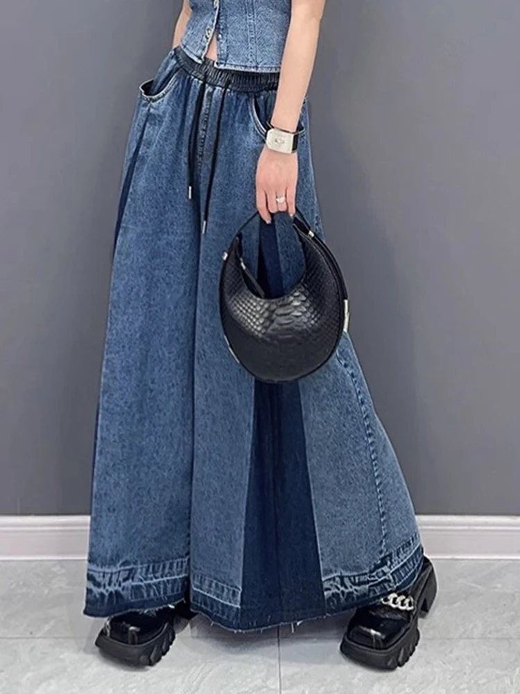 [EAM] High Waist Blue Denim Pleated Long Wide Leg Jeans New Loose Women Trousers Fashion Tide Spring Autumn 2025 1DH0520