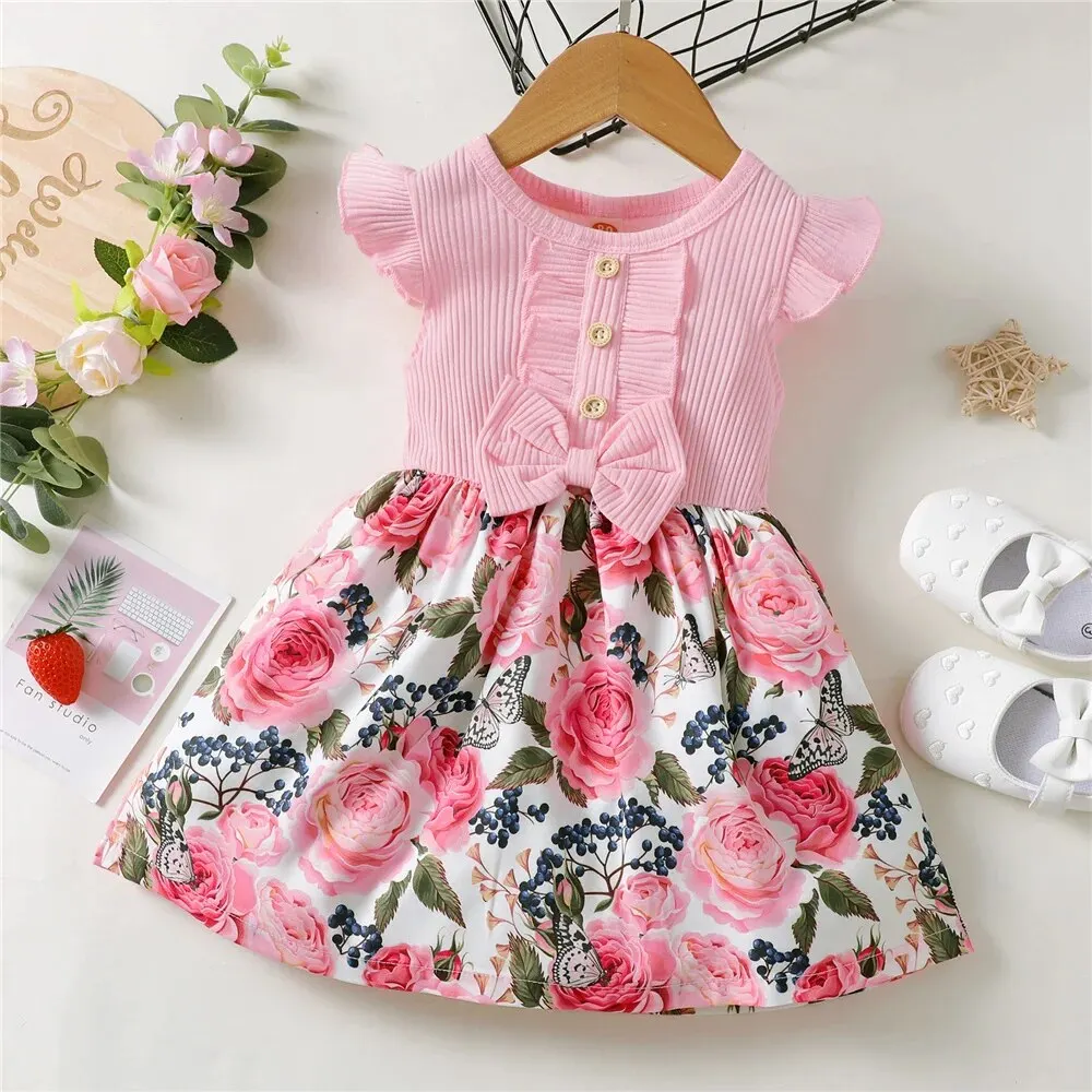 1-5 Years Toddler Girl Dress Fly Sleeve Flowers A- Line Princess Dress Children Summer Lovely Daily Holiday Dresses for Kids Gir