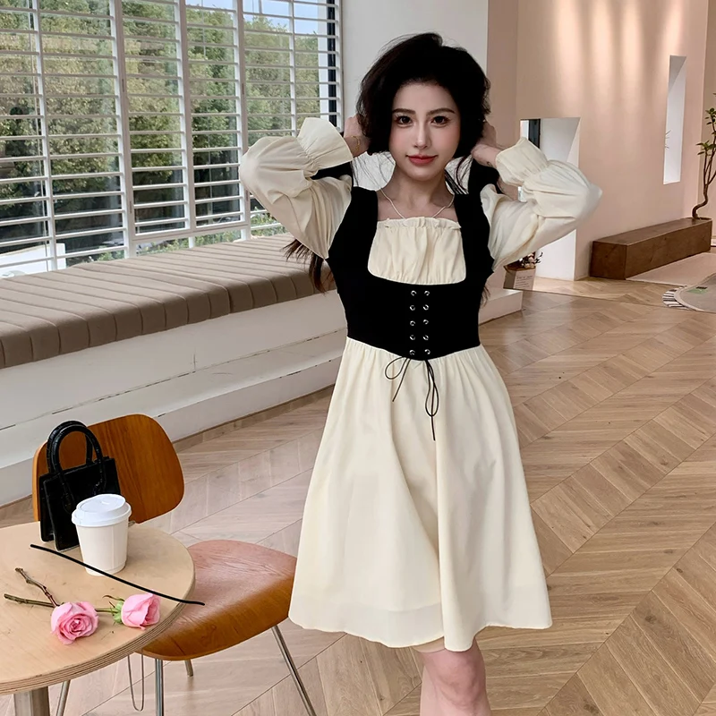 Summer New Small Fragrant Wind Fake Two Piece Dress Women\'s Spring Waist Waist Slimming A-line Skirt Long sleeved Short Skirt