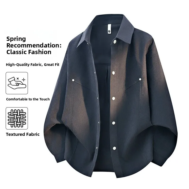 

Casual Long Sleeve Shirt Men's Hong Kong Style Collar Workwear Shirt Youth Versatile Leisure Open Cardigan Original Design