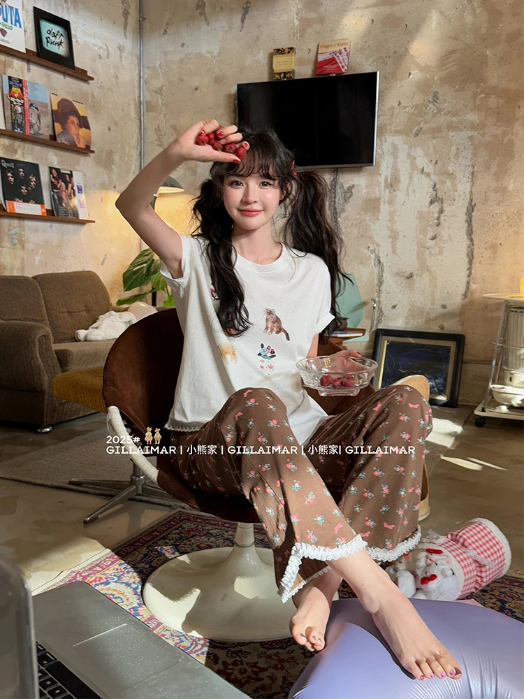2025 summer new Japanese original cartoon cat short-sleeved suit round neck sweet girl floral casual loose loungewear