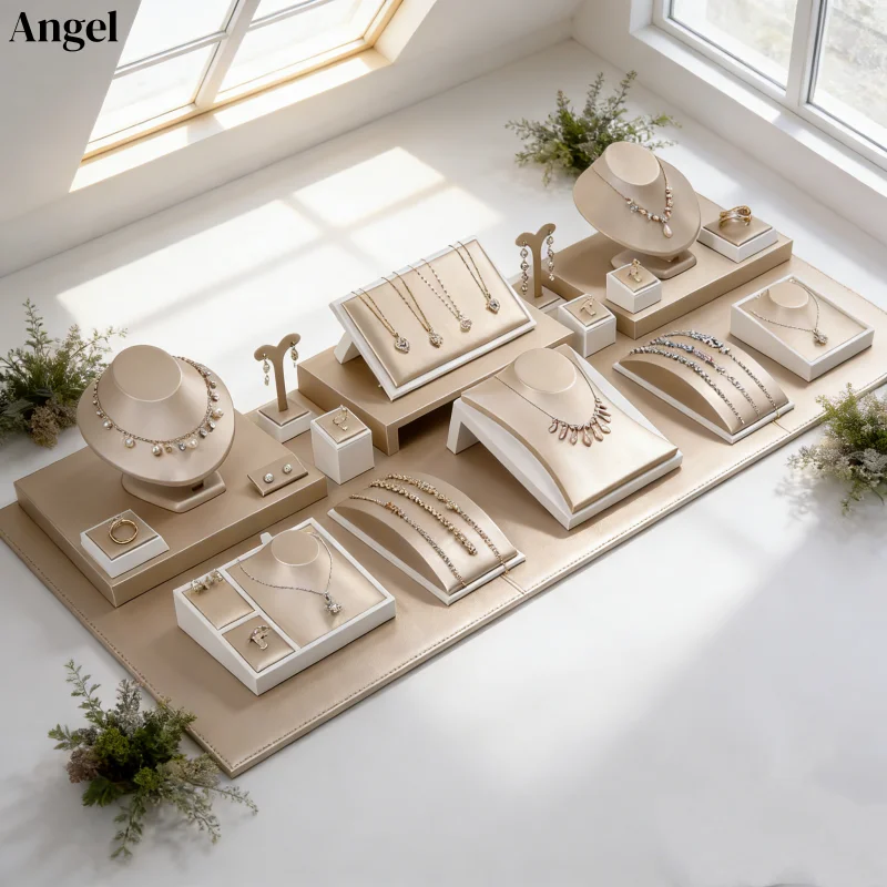 

Elegant Champagne PU Leather Earring Display Holder Photography Prop Showcase Rack for Live Stream And Shop Counter