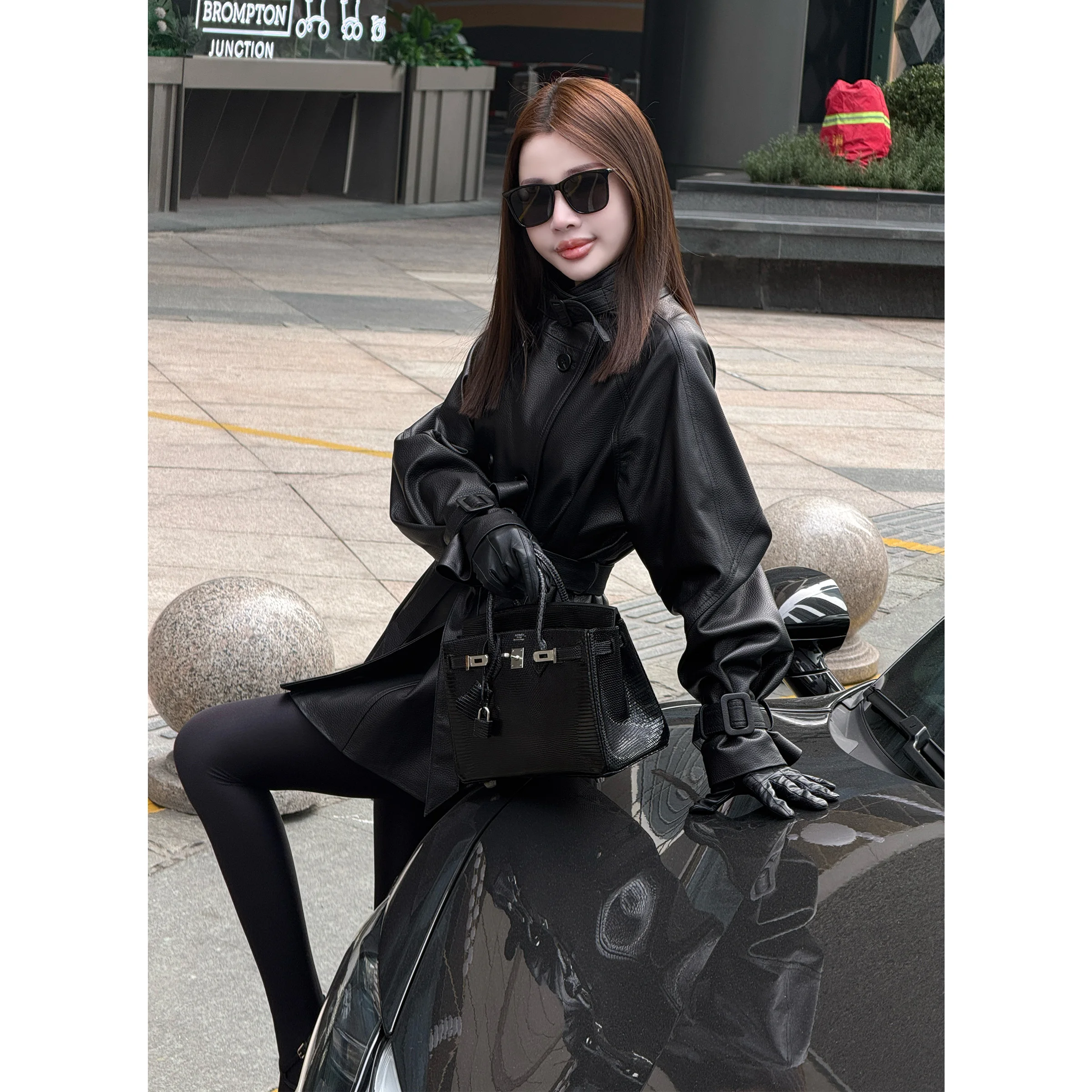 

Cool Sli Double-Row Buttoned Genuine eepskin Leather Jaet Women's Trendy Belted Coat High Waist Design Long Sves