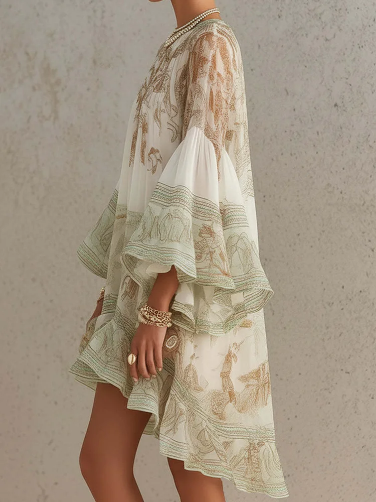 Elegant O-Neck Ruffle Patchwork Dress for Women Summer Holiday Flare Sleeve Chic Party Dresses Sweet Style 2026 Ladies Vestidos