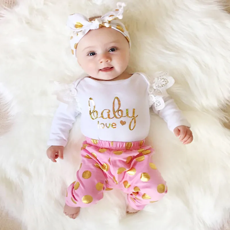 

2PCS Baby Girls Clothes Sets Lace Long Sleeve Baby Love Bodysuit+Golden Dot Pants Clothes Toddler Infant Clothing Set