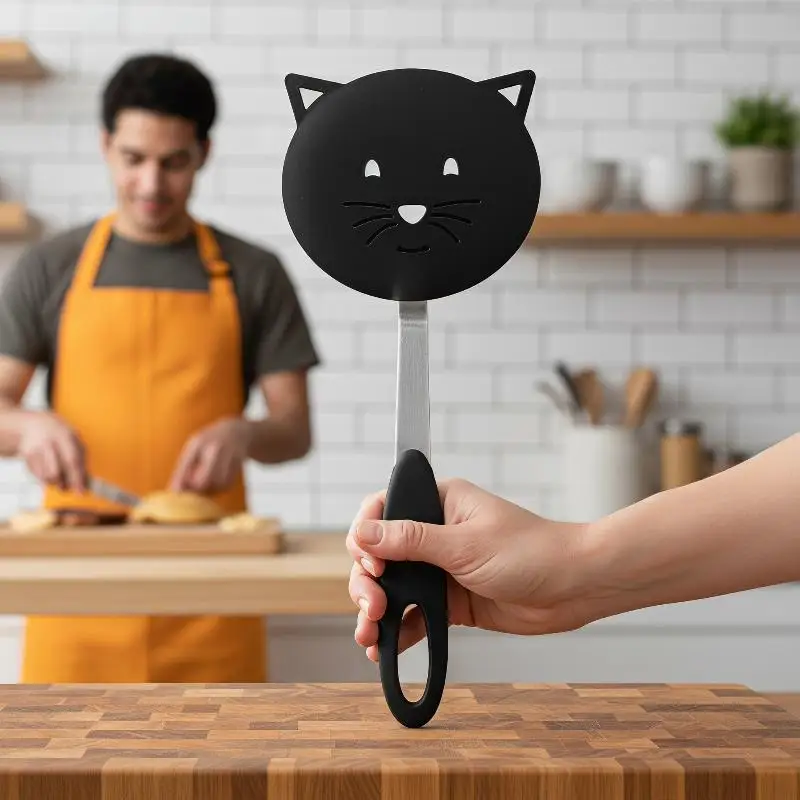 Cat Shaped Nonstick Slotted Spatula Heatproof Handle Hangable Design for Frying Eggs Pancakes Easy Storage