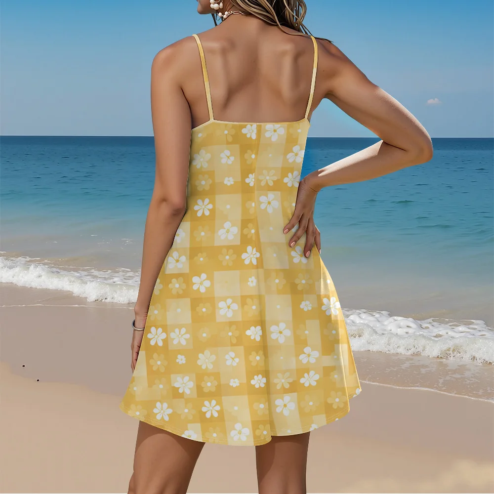 Women's Floral Sundress Summer Dress Sexy V-Neck Spaghetti Strap Swing Beach Dress with Palm Leaf Print for Vacation Boho
