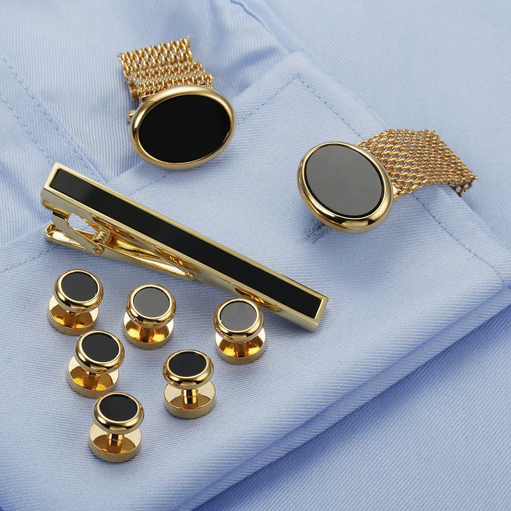 Luxury 9-piece Set French Cufflinks Set Elliptical Chain Button Business Banquet and Wedding Dress Placket Buckle Jewelry