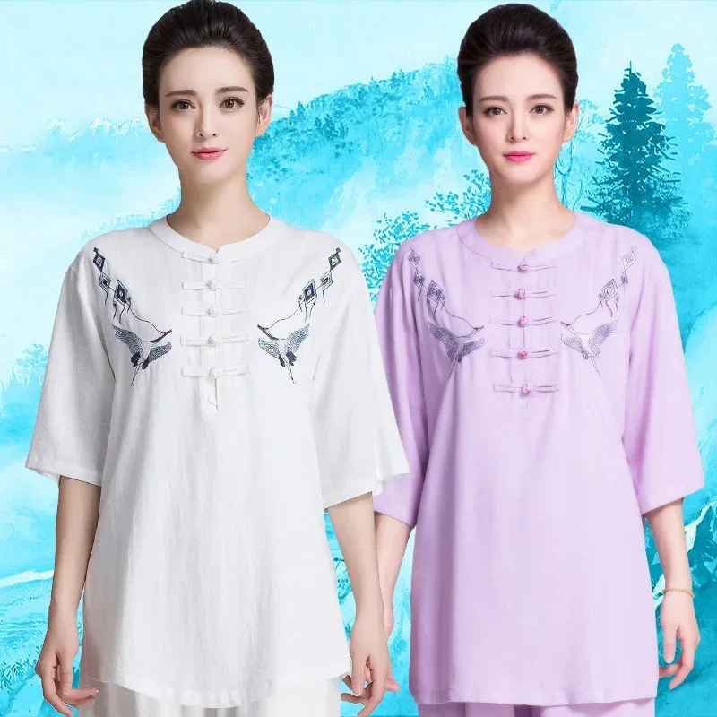 

Summer Tai Chi Clothes Women Short Sleeve Wushu Clothing KungFu Dress Martial Art Uniform Embroidery Breathable Cotten And Linen