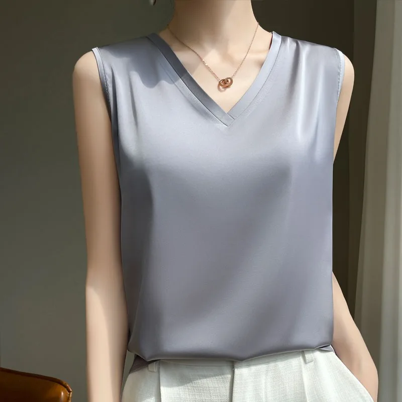 Silk Simulation Strap Vest Women Commuting Style V-neck Sleeveless T-shirt Summer Base Layer Inner Wear Top White Outer Wear ...