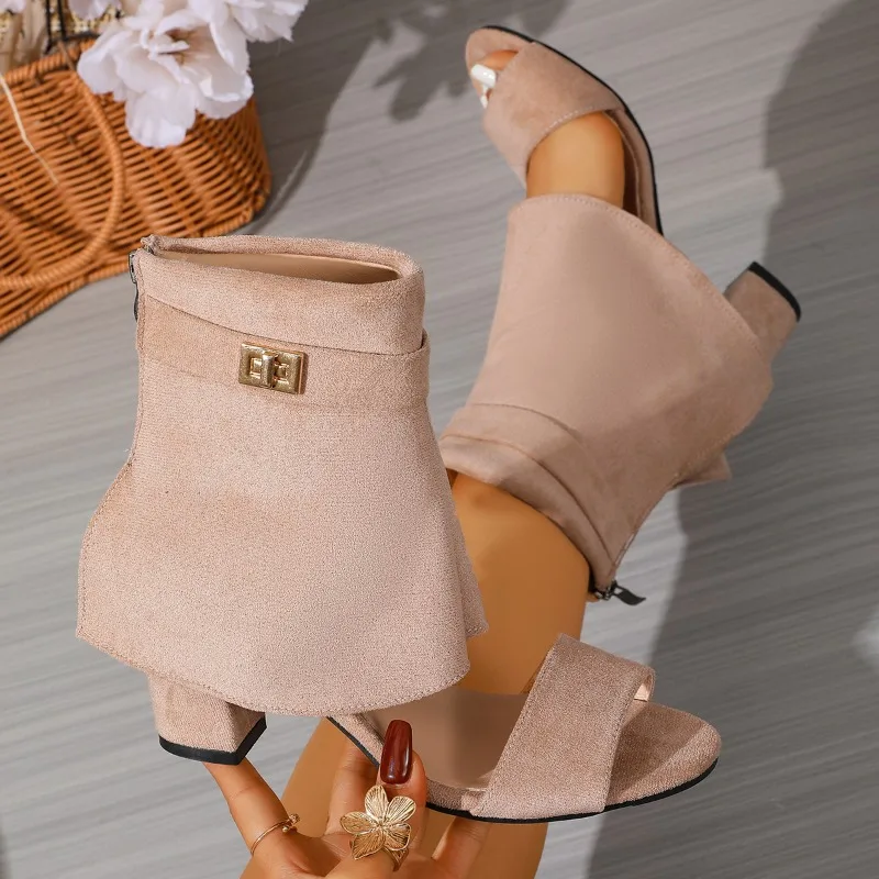 

Новые женские дизайнерские летние босоножки 2026 года на массивном каблуке, с открытым носком, на молнии сзади, сексуальные женские туфли-ботильоны
