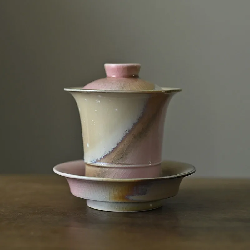 Jingdezhen Hand-Pulled Ore Glaze Kiln Falling Snow Pink Straight Bamboo Joint Tureen and Well-Stitched Strong Hand Feeling