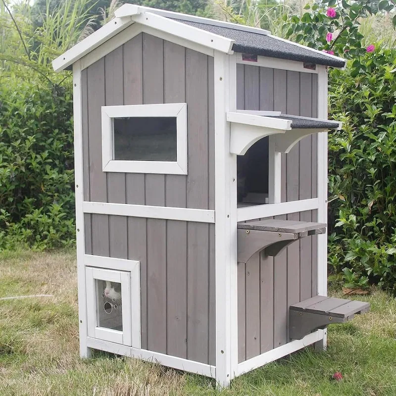 Outdoor Cat Shelter Weatherproof, Two Story Wooden Outside Feral Cat House with Openable Roof, Escape Door