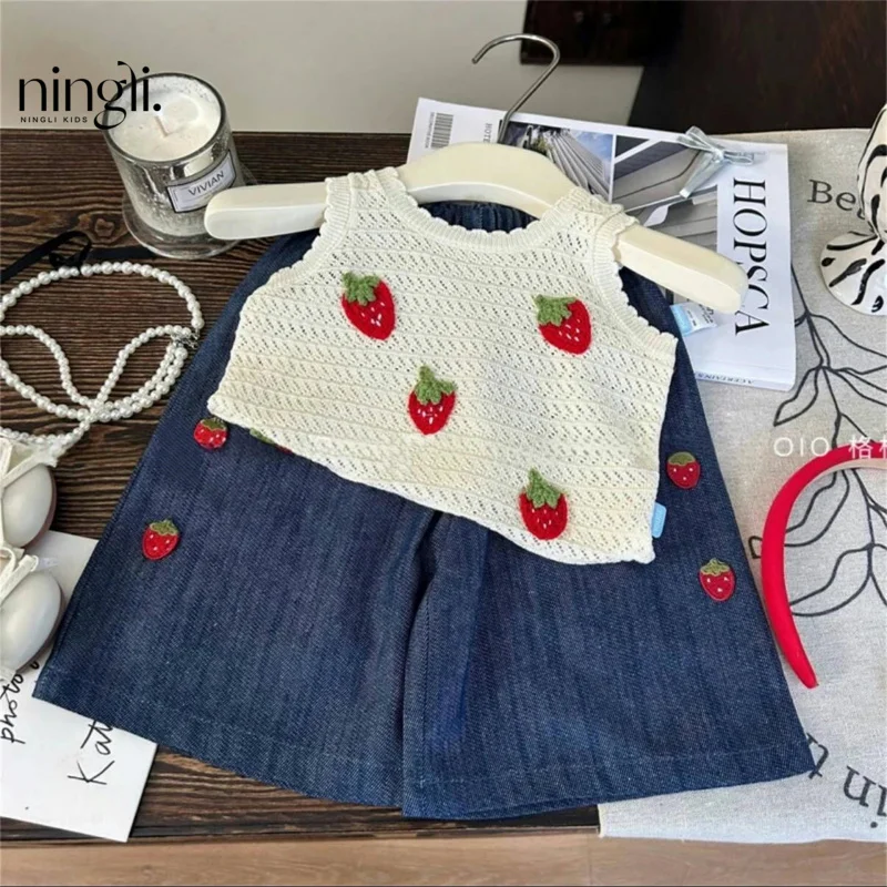 

Girls' Summer Pastoral Style Strawberry Set New Fashionable Knitted Hollow Out Vest and Straight Pants for Baby Girls