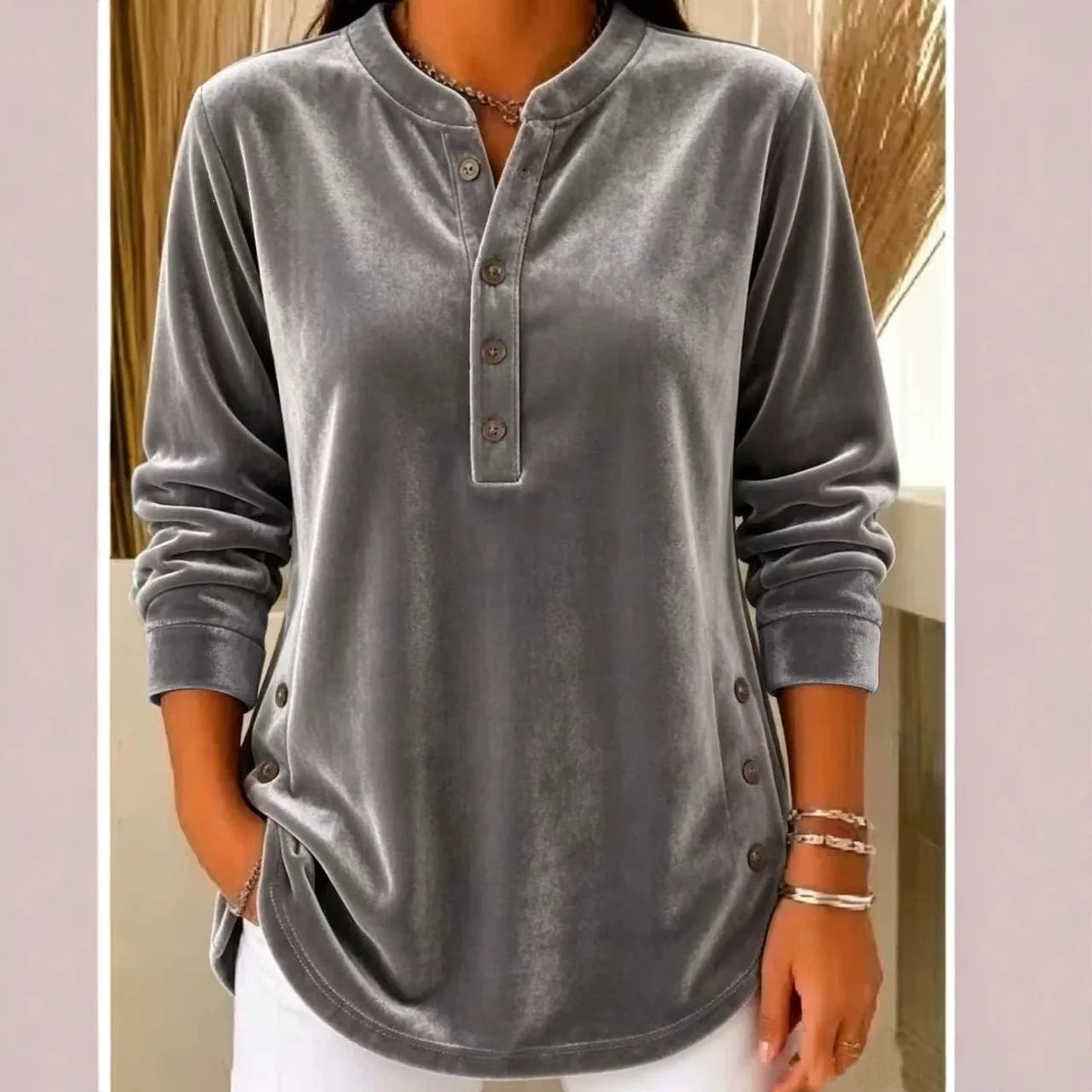 Women's Winter Blouse Longsleeve Velvet V Neck T Shirt Casual Split Hem Patchwork Top Light Blue Dusty Pink Lavender Purple view 4