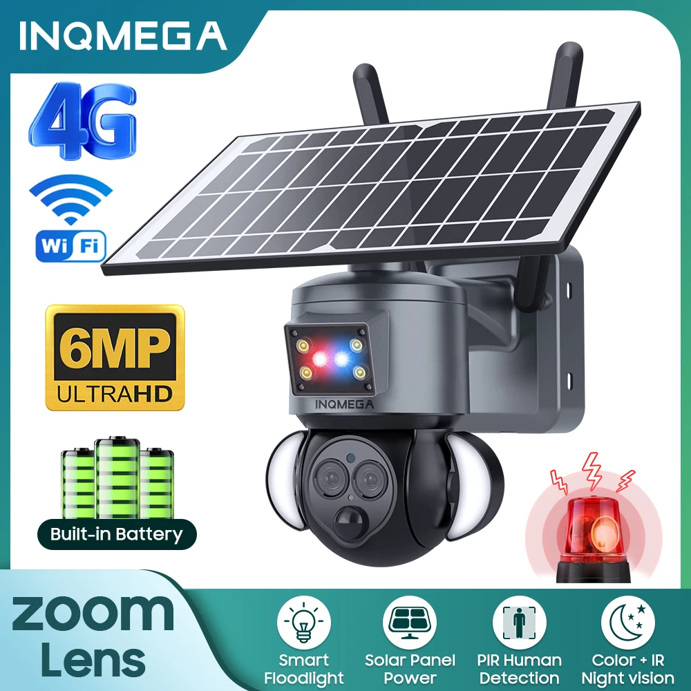 inqmega 6mp wifi camera ptz 4g lente dupla externa pir inteligente ai rastreamento automatico camera ip cctv camera solar ao ar livre alarme vermelho azul 01