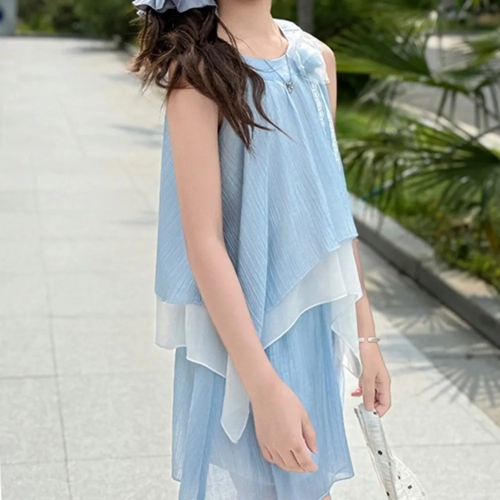 Vestido corto con volantes y flores rosas en 3D para niños, vestido de playa sin mangas de estilo coreano, camisola, pantalones cortos interiores