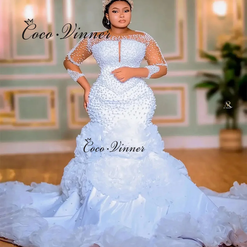 

Customized Illusion Sleeves Pearls Beading Mermaid Wedding Dress Ruffle Train 2026 Africa Fashion Wedding Dresses Mermaid W1491
