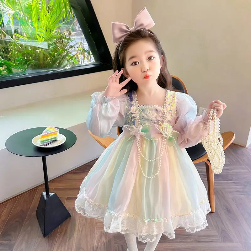 

Kids Girls Princess Clothes Spring Autumn Children Floral Lace Shiny Lolita Dress Wedding Ball Gowns Party Wear Elegant Skirts