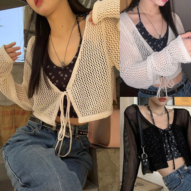 

Women Spring V-Neck Lace-Up Front Long Sleeve Cardigan Crop Top Hollow Out See Through Fishnet Mesh Shirts Solid Color Casual Up