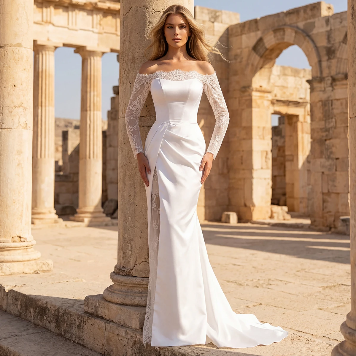 

Simple Mermaid Lace Wedding Dress With Slit Long Strapless Satin Bridal Party Gown For Women Vestidos Novia