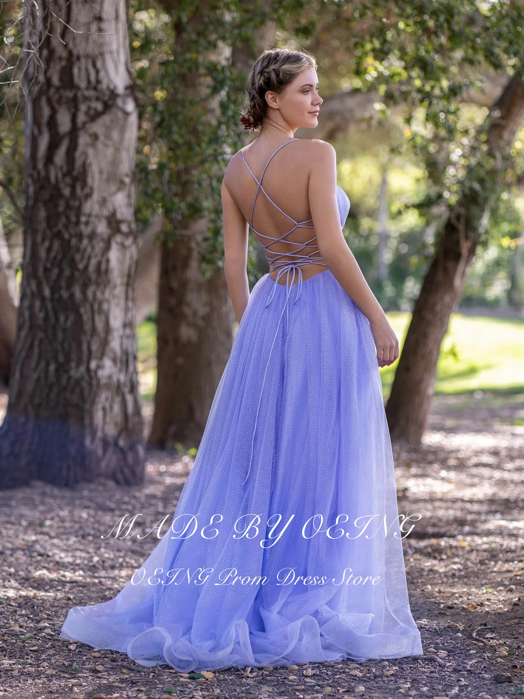 OEING-Lavender A-Line Prom Dresses, simples Tulle, profundo Decote em V, Suspender Lace Vestido, Especial Ocasião Vestido