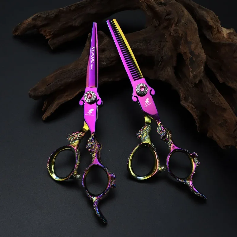 6.0-inch pink sword-shaped hair clipper with dragon handle  hair scissors, cutting/thinning scissors