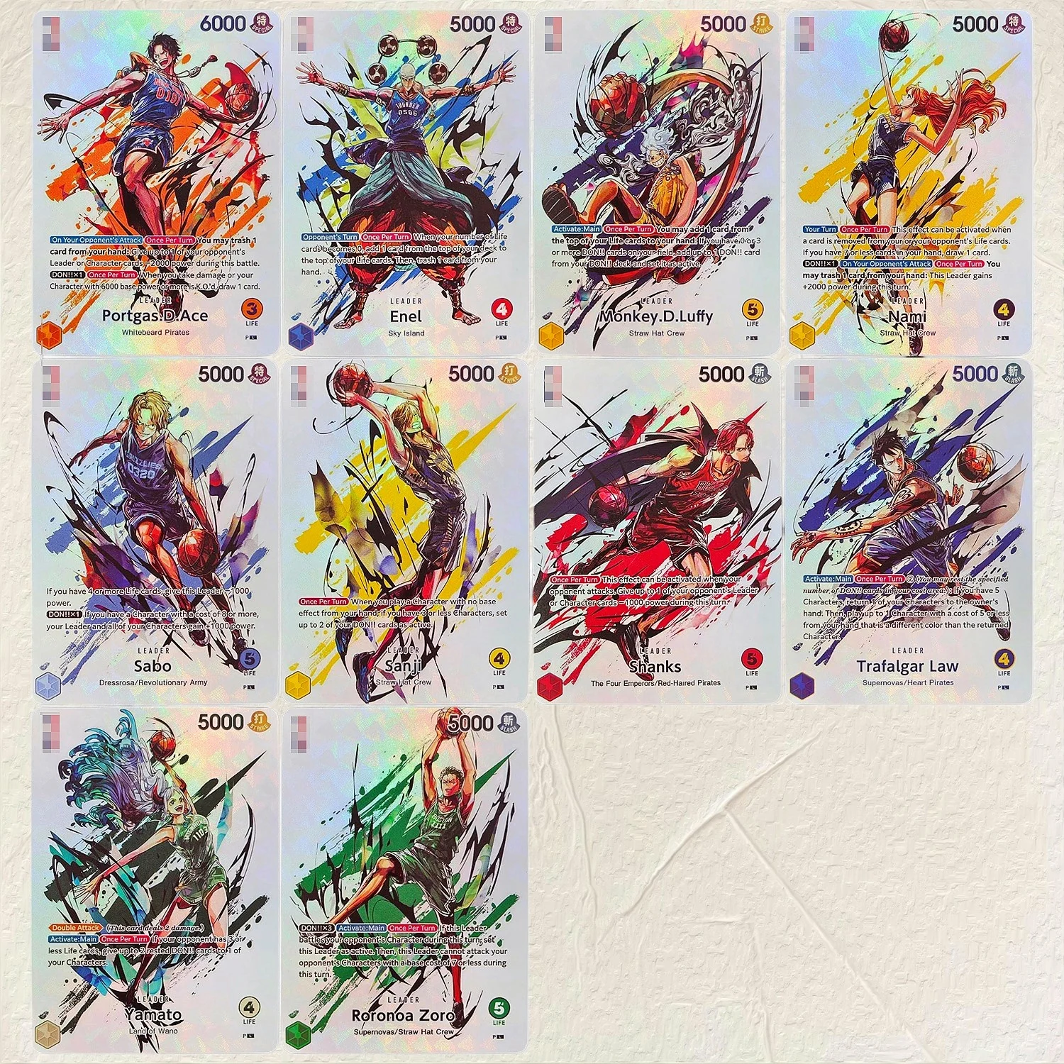 One Piece (Luffy Nami Yamato) - Juego de 10 Tarjetas Coleccionables de Baloncesto con Textura Holográfica, Edición EN, Grado Coleccionable, Anime Clásico, TCG