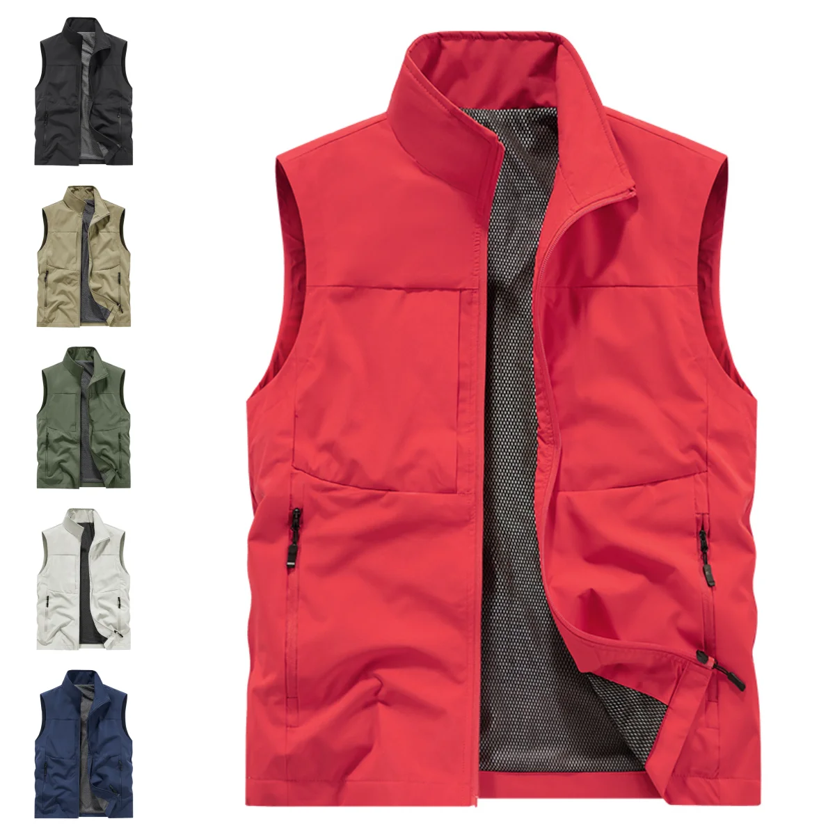 Men Outdoor Vest Stand Collar Full Zip Sleeveless Jacket Windproof Casual Waistcoat Multi Zipper Pockets Unisex Lightweight Gile