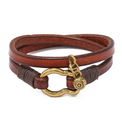 New Arrivals Retro Two Loop Leather Bracelet Men Punk Horseshoe Buckle Wrap Bracelets Creative Jewelry Gift