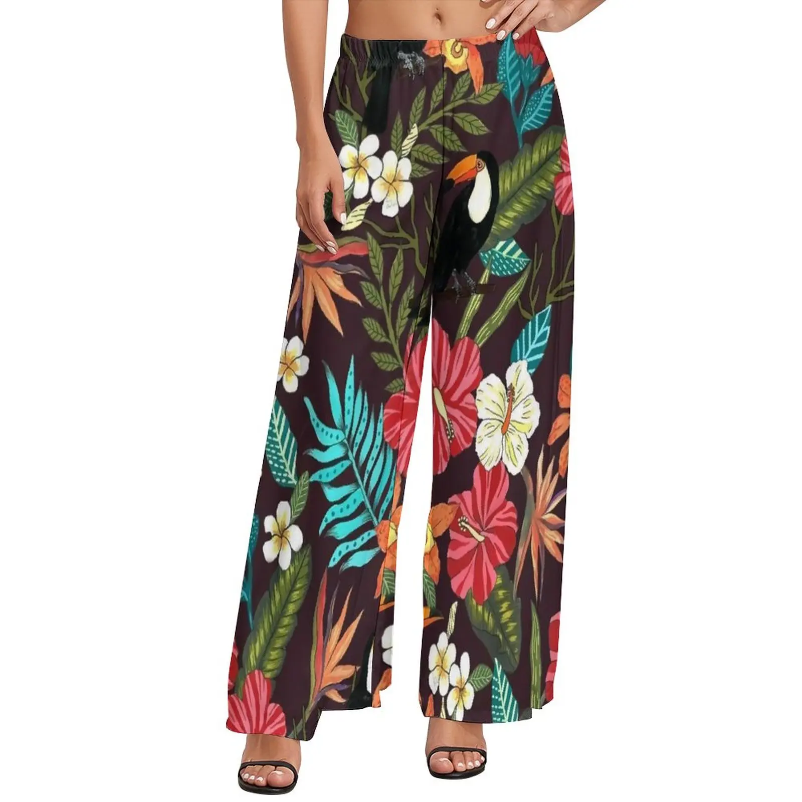 Colorful Flower Print Pants Womens Tropical Floral Bird Leaf Street Wear Trousers High Waisted Trendy Wide Leg Pants Gift Idea